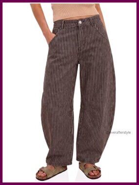 Womens High Waisted Barrel Jeans Wide Leg Striped Denim Pants Roll Up Hem